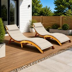 Sturdy Wooden Sun Lounger Set of 2 with Cushions