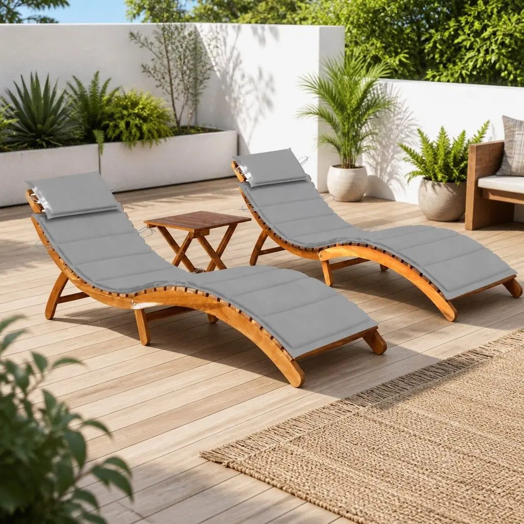 Wooden Sun Lounger Set with Table and Cushions