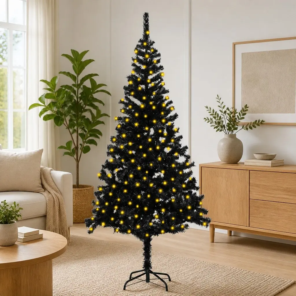 Black Pre-lit Christmas Tree 210cm with LED Lights