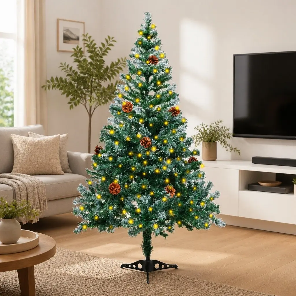 Artificial Christmas Tree 150cm Frosted Green Pre-lit LED Lights Pinecones