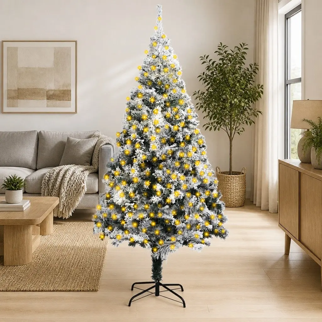 Artificial Christmas Tree PVC 300cm Green Pre-lit LED Lights Flocked Snow
