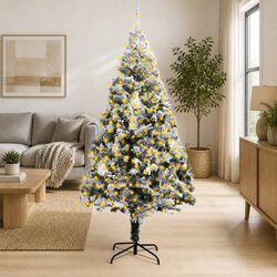 Artificial Pre-lit Christmas Tree Flocked Snow Green 300cm LED Lights Holiday