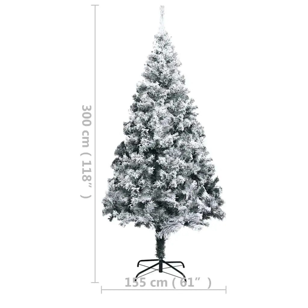Artificial Christmas Tree PVC 300cm Green Pre-lit LED Lights Flocked Snow