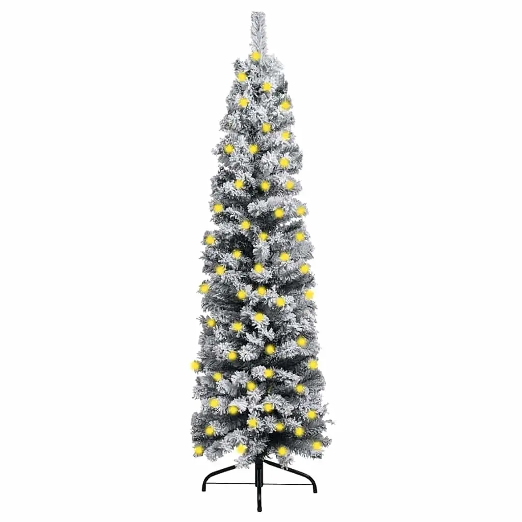 Slim Artificial Christmas Tree PVC 150cm Green Pre-lit Flocked Snow