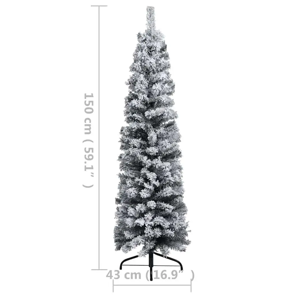 Slim Artificial Christmas Tree PVC 150cm Green Pre-lit Flocked Snow