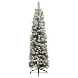 180cm Slim Pre-lit Green Christmas Tree with Flocked Snow