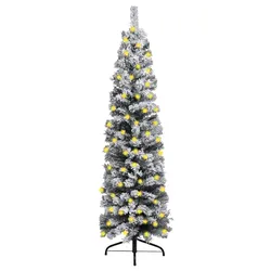 180cm Slim Pre-lit Green Christmas Tree with Flocked Snow