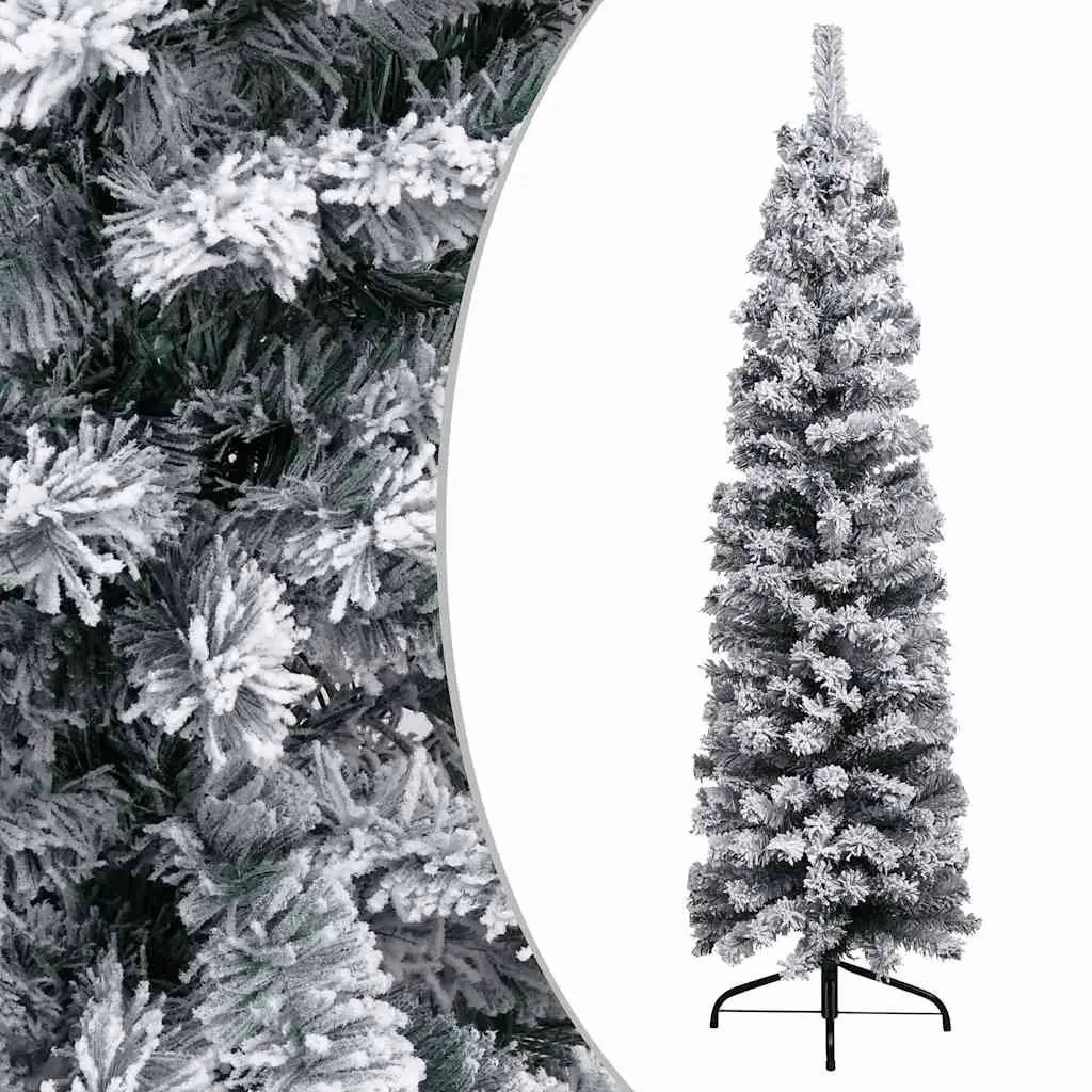Slim Artificial Christmas Tree PVC 240cm Pre-lit LED Snow Flocked Green