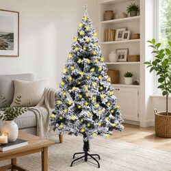 Artificial Pre-lit Christmas Tree Green Flocked Snow 150cm Holiday Decor Indoor