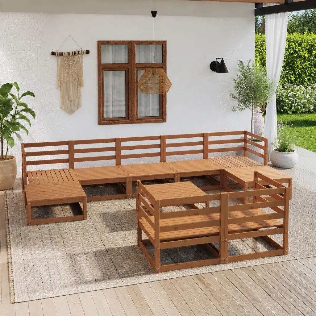 10-Piece Brown Garden Lounge Set in Solid Pinewood