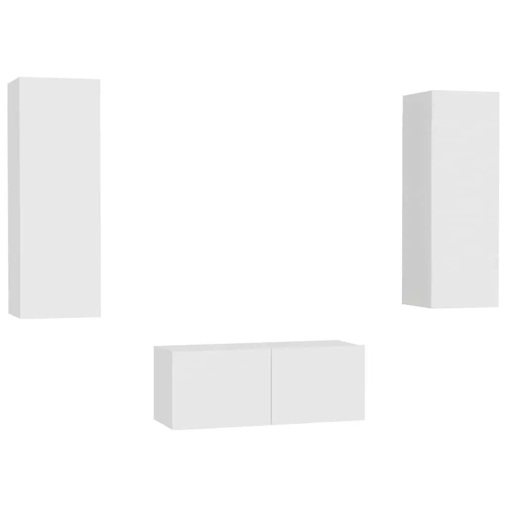 TV Cabinet Set Engineered Wood 3 Piece White Wall Mount Entertainment Storage Unit