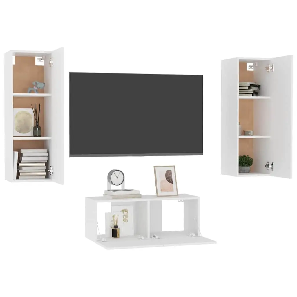 TV Cabinet Set Engineered Wood 3 Piece White Wall Mount Entertainment Storage Unit