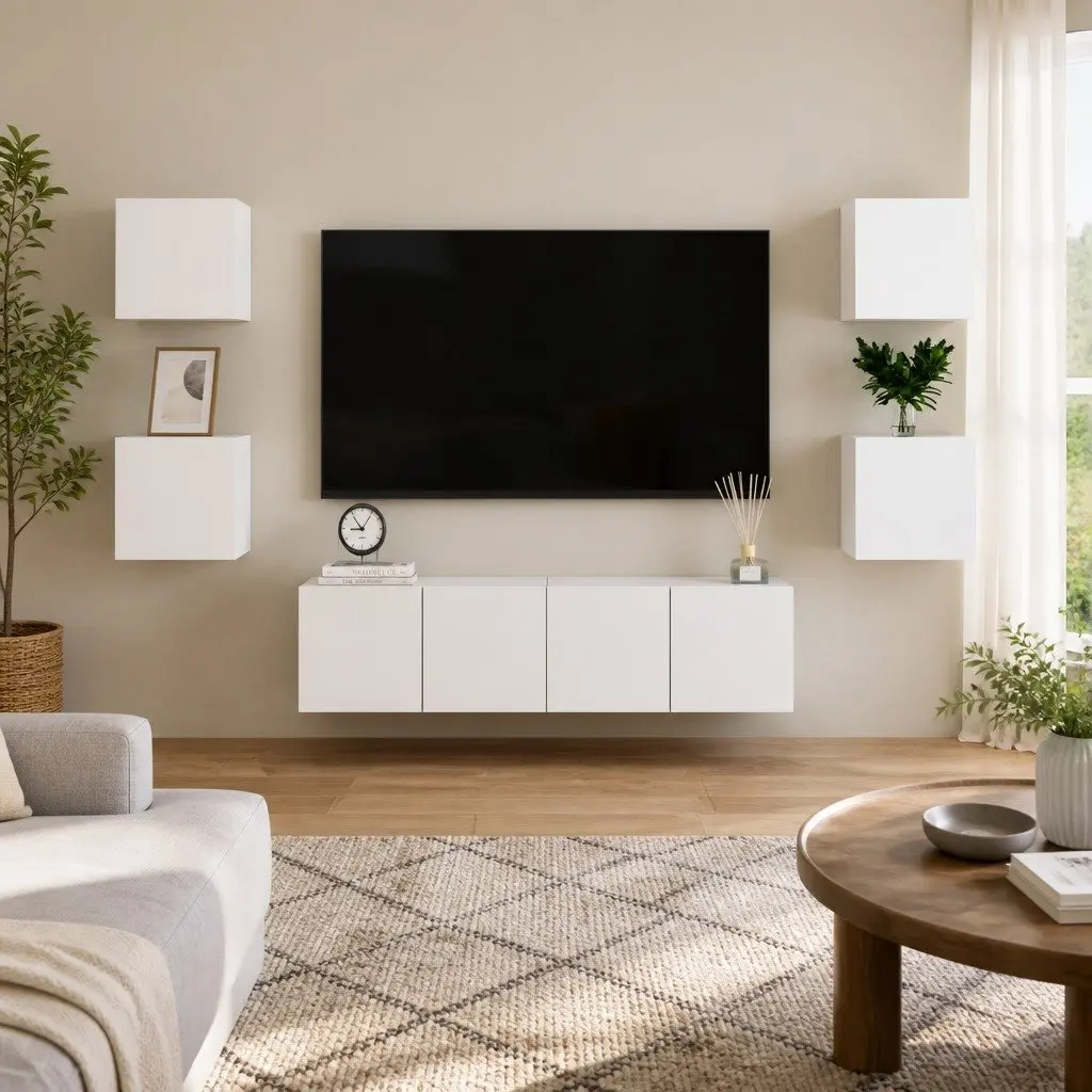 6-Piece White Wall Mounted TV Cabinet Set for Living Room