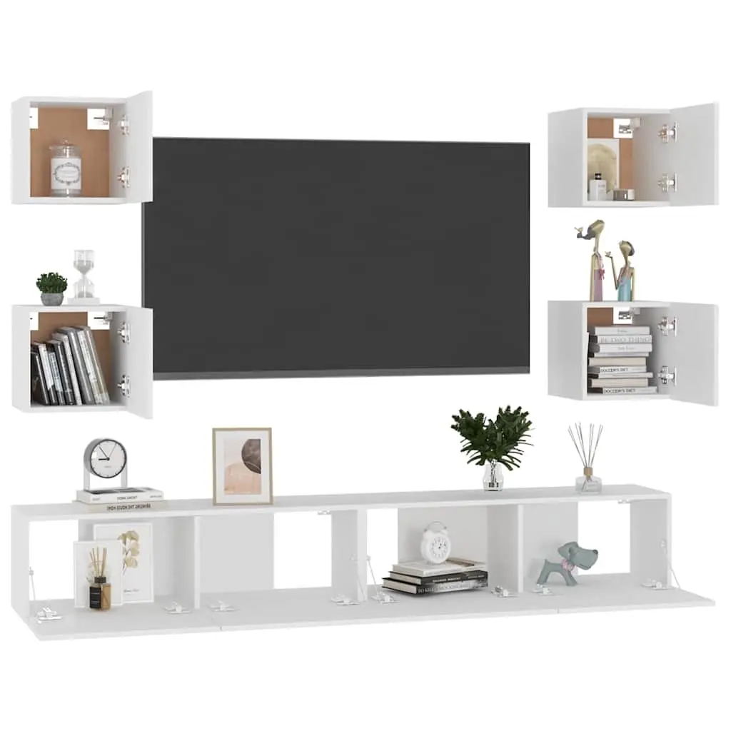 TV Cabinet Set Engineered Wood 6 Piece White Storage Shelves