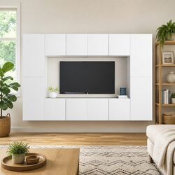 8 Piece White Wall Mounted TV Cabinet Set for Living Room