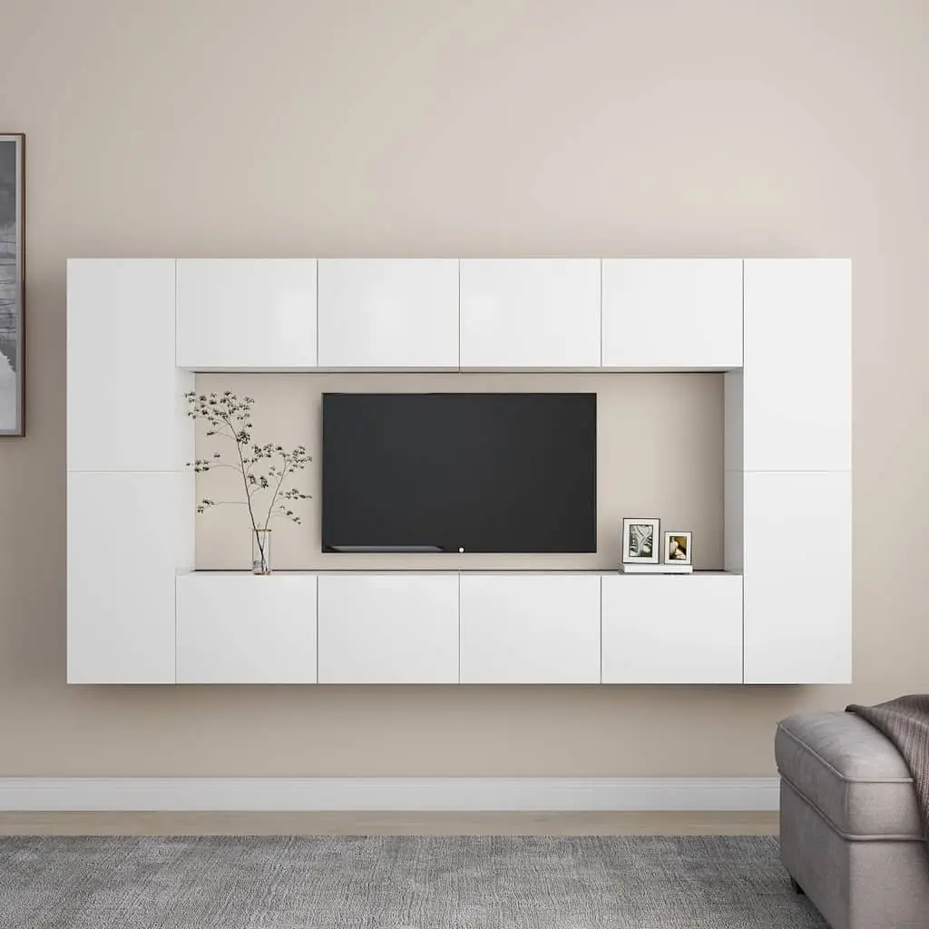 White Wall-Mounted TV Cabinet Set 8 Piece Unit