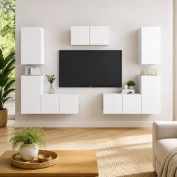 7-Piece White Wall-Mounted TV Cabinet Set for Modern Living