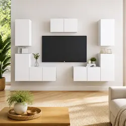 7-Piece White Wall-Mounted TV Cabinet Set for Modern Living