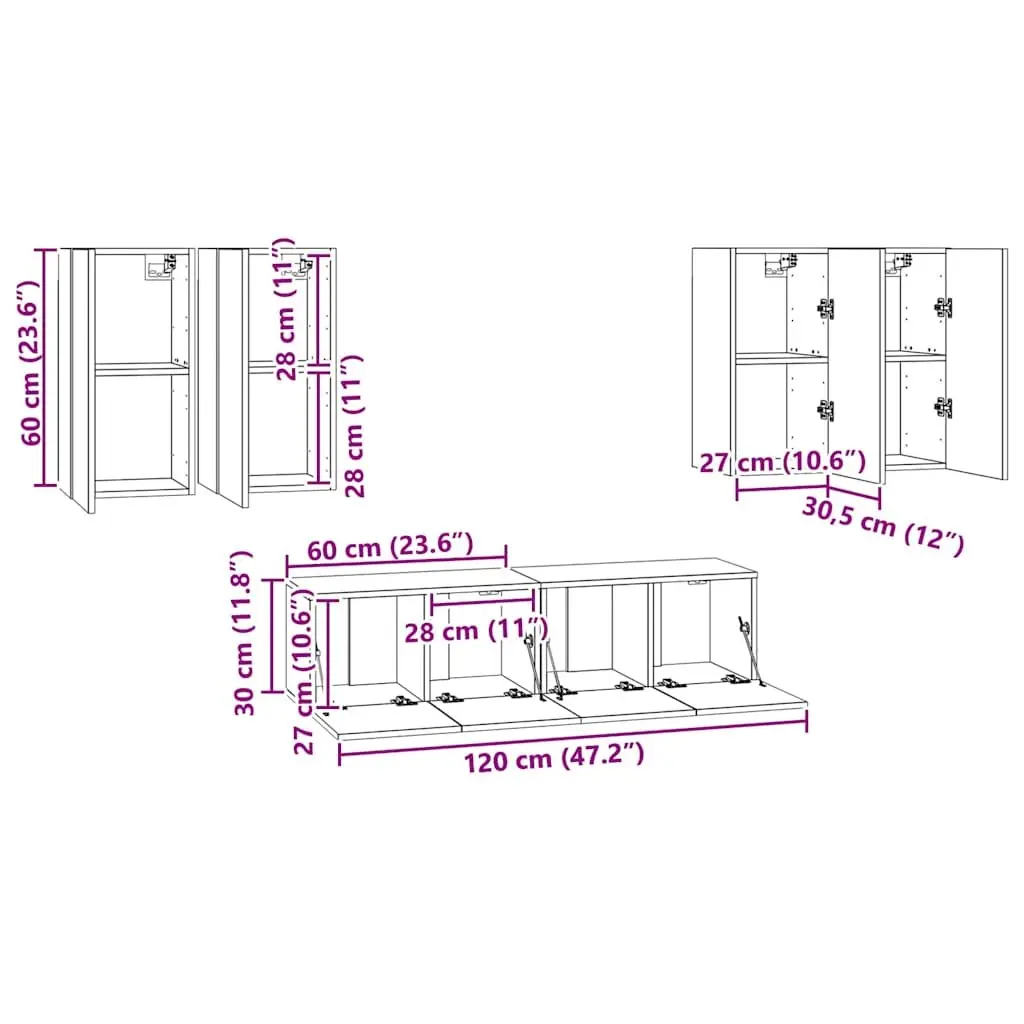 Wall Mounted TV Cabinet Set 6 Piece White Storage Unit Organiser Display Shelf