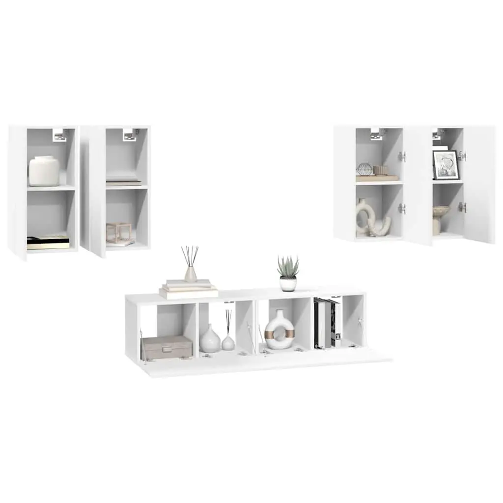 Wall Mounted TV Cabinet Set 6 Piece White Storage Unit Organiser Display Shelf