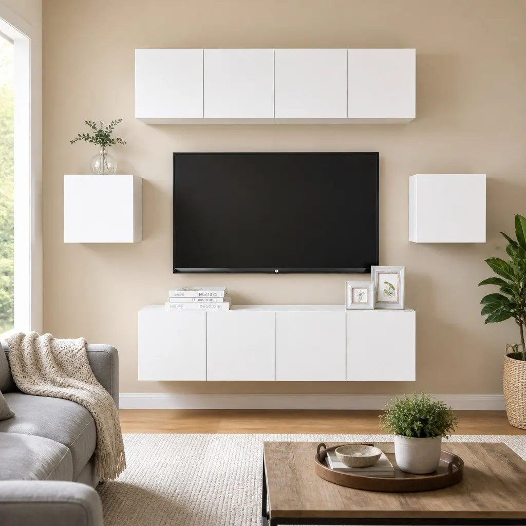 6-Piece White Wall-Mounted TV Cabinet Set