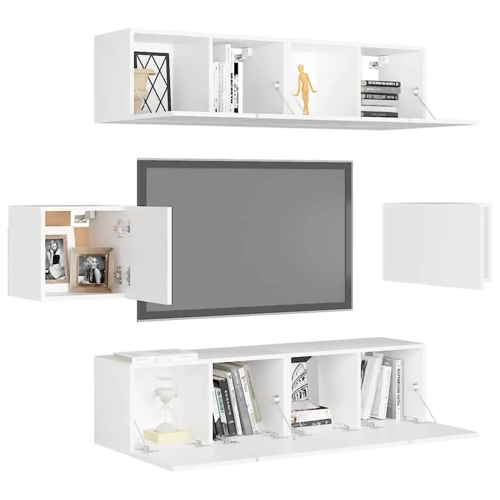 6-Piece White Wall-Mounted TV Cabinet Set