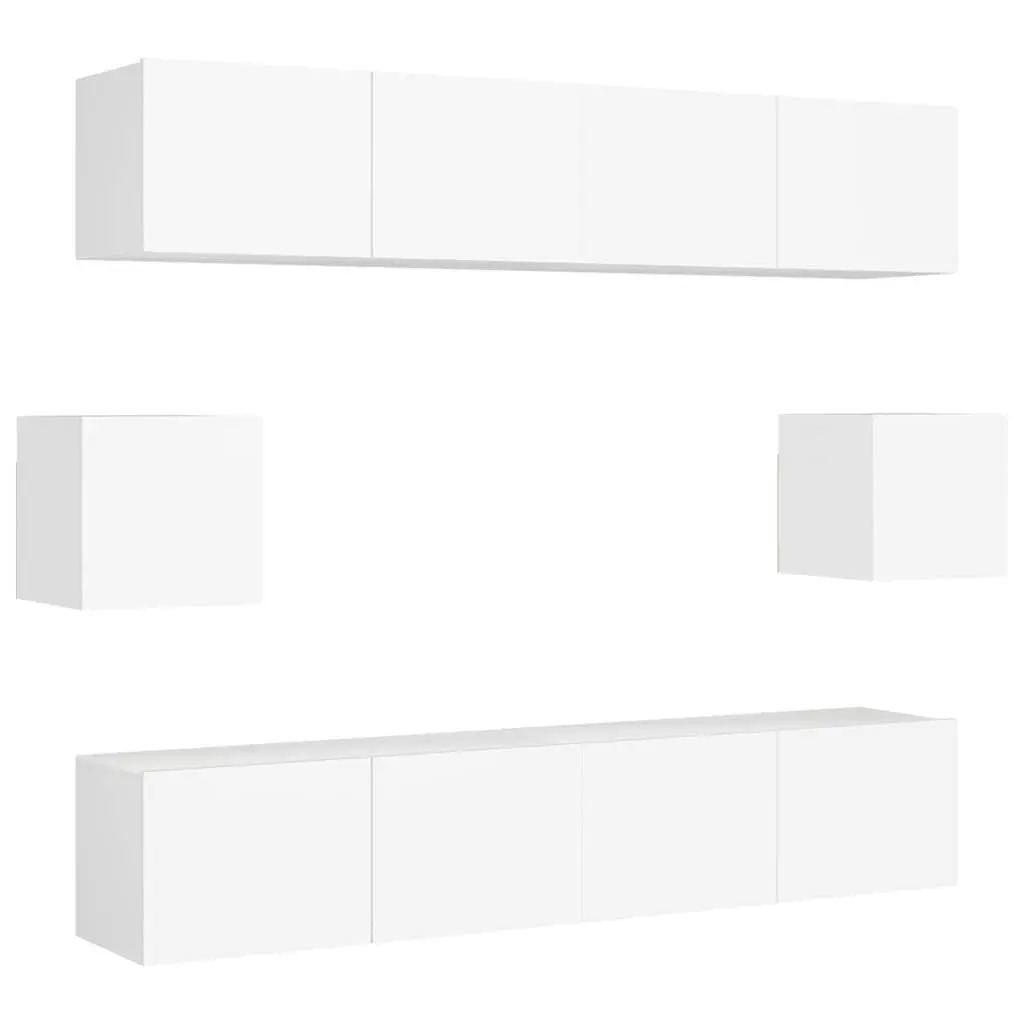 TV Cabinet Set Engineered Wood 6 Piece Wall Mounted Storage Shelving Unit White