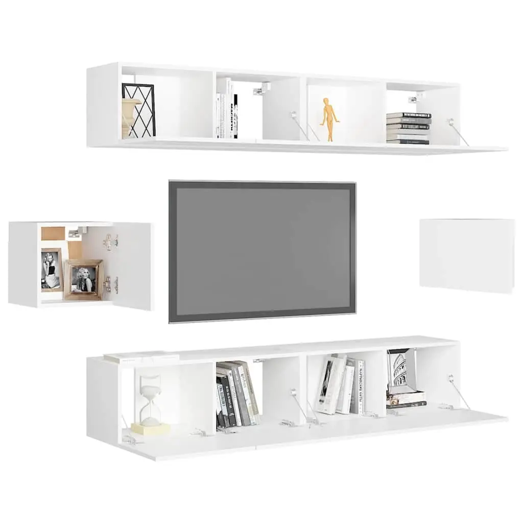 TV Cabinet Set Engineered Wood 6 Piece Wall Mounted Storage Shelving Unit White