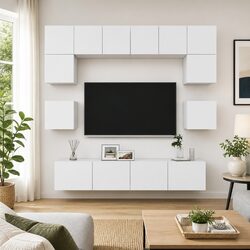 Wall Mounted TV Cabinet Set 8 Piece White Storage Unit Organiser Living Room