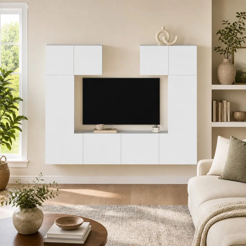 TV Cabinet Set 6 Piece Engineered Wood Wall Mounted Storage Unit White
