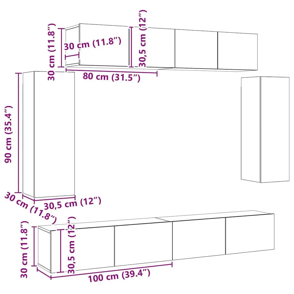 Wall-Mounted TV Cabinet Set 6 Piece White Storage Unit Living Room Furniture