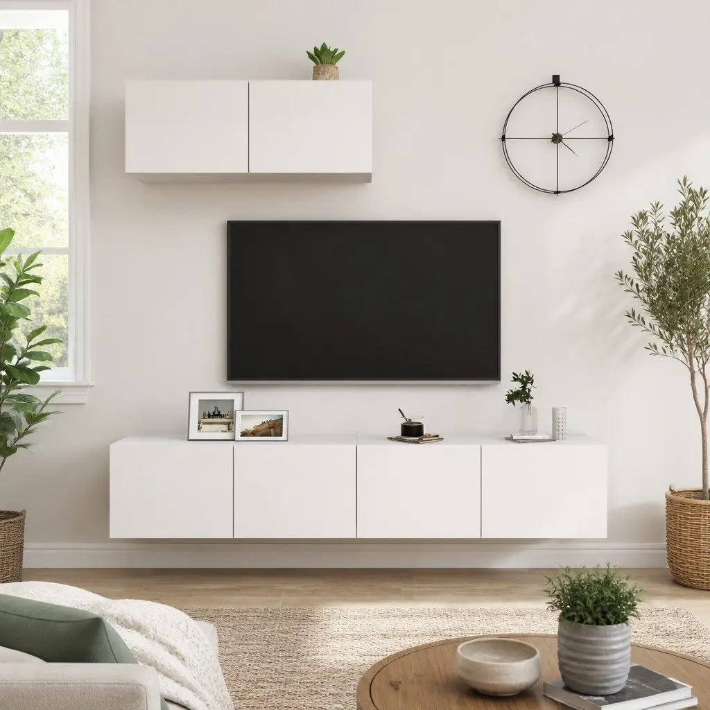 White Engineered Wood Wall-Mounted TV Cabinet Set