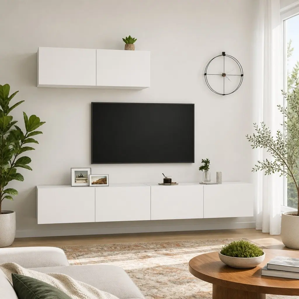 Wall Mounted TV Cabinet Set 3 Pieces White Storage Unit Organiser Display Shelf
