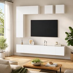 Wall-Mounted TV Cabinet Set 8 Pieces White Engineered Wood