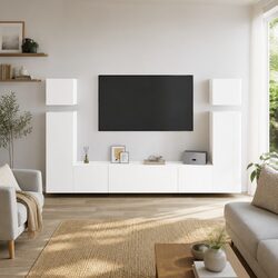 Sturdy Wall-Mounted 8 Piece TV Cabinet Set in White