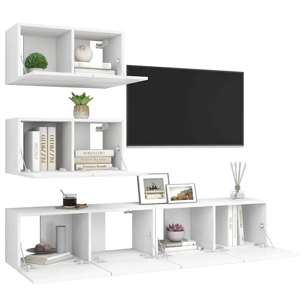 TV Cabinet Set Engineered Wood 4 Piece White Wall Mounted Storage Unit