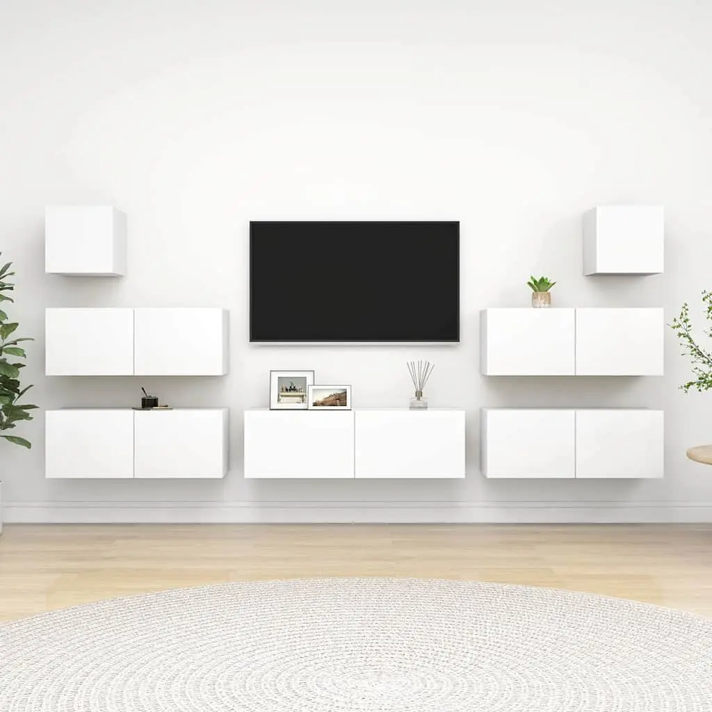 7 Piece White Wall Mounted TV Cabinet Set