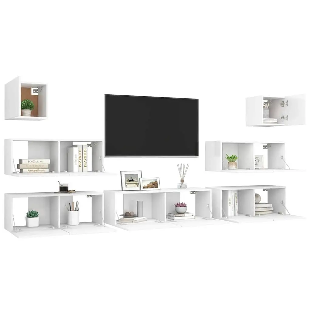 7 Piece White Wall Mounted TV Cabinet Set