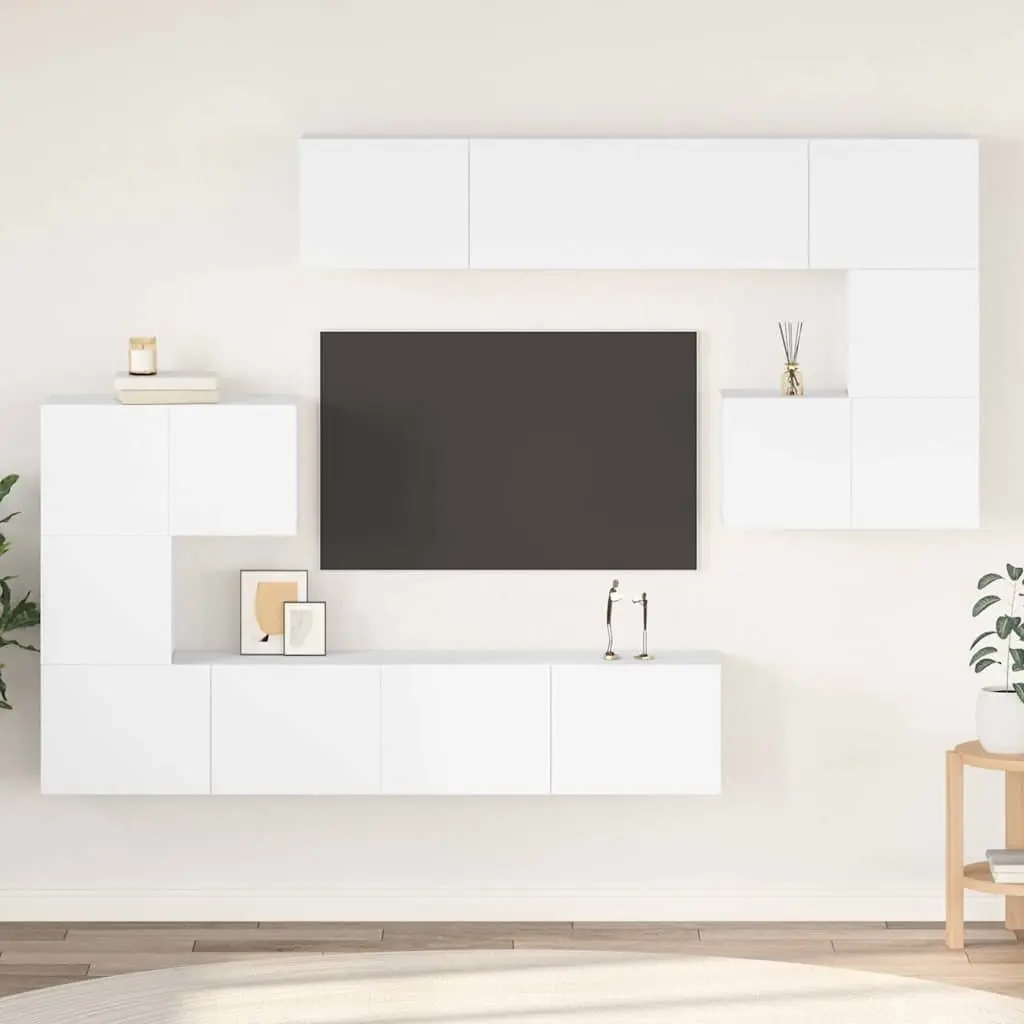 8-Piece Wall-Mounted White TV Cabinet Set