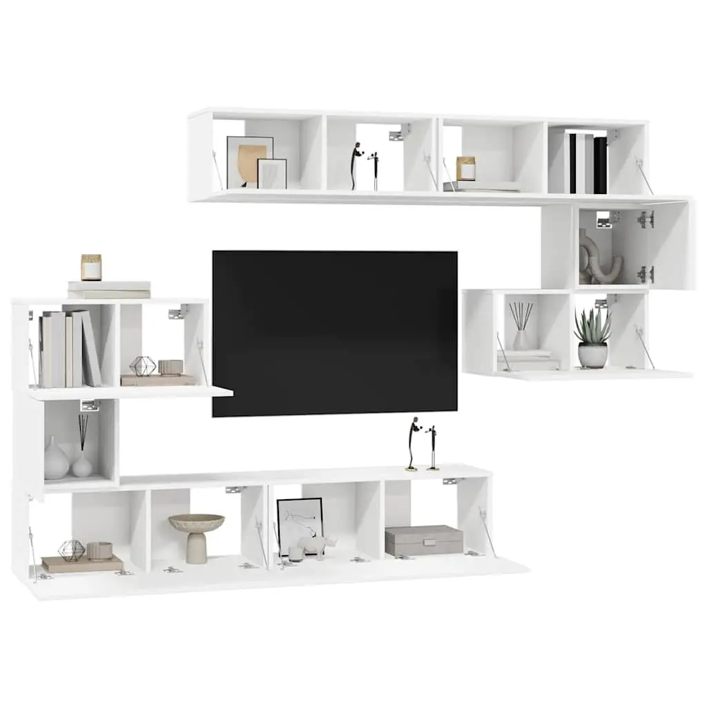 8-Piece Wall-Mounted White TV Cabinet Set