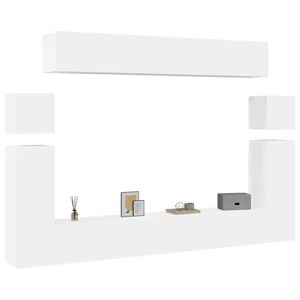 8-Piece White Wall-Mounted TV Cabinet Set