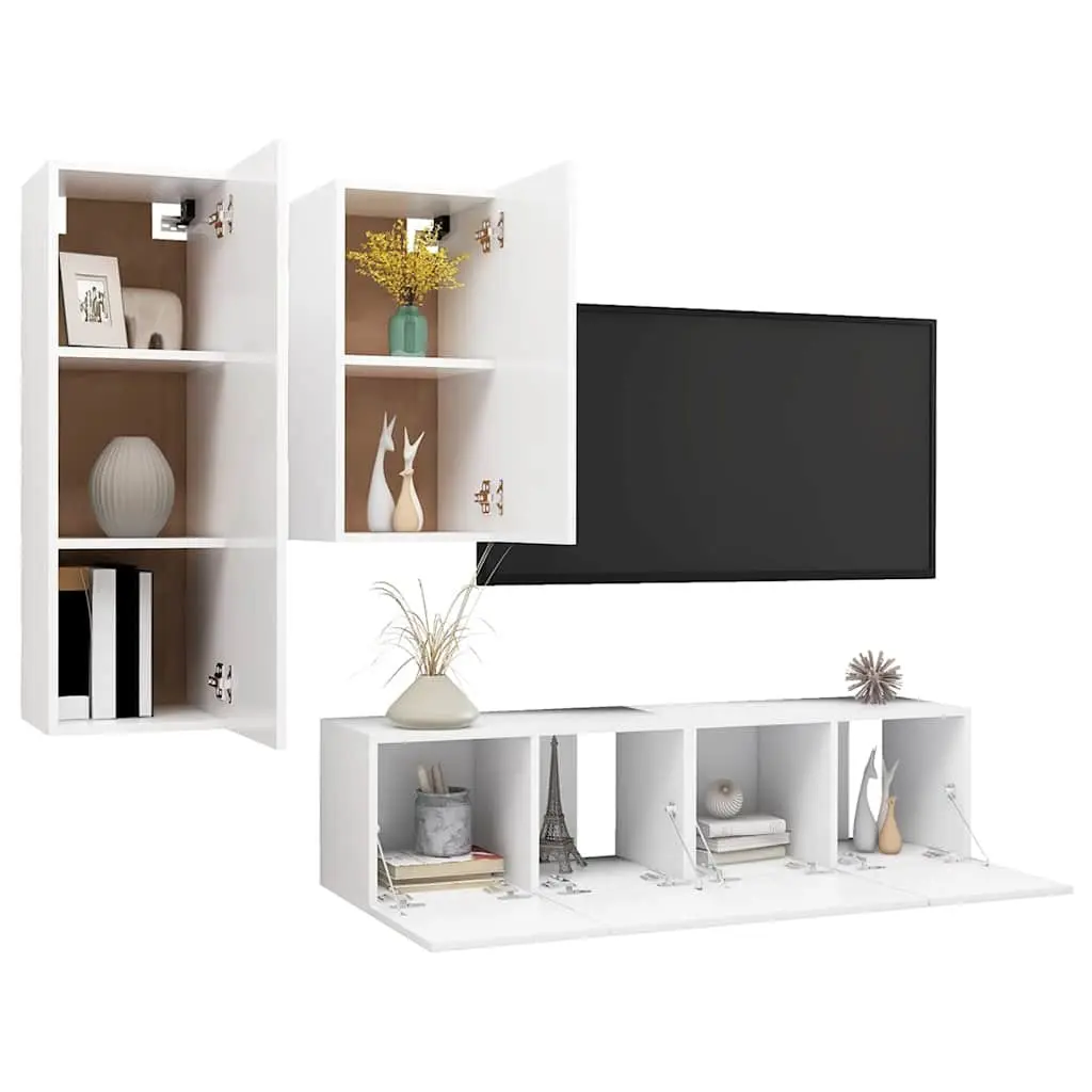 4 Piece White Wall Mounted TV Cabinet Set