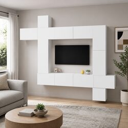 Durable 9 Piece White Wall Mounted TV Cabinet Set