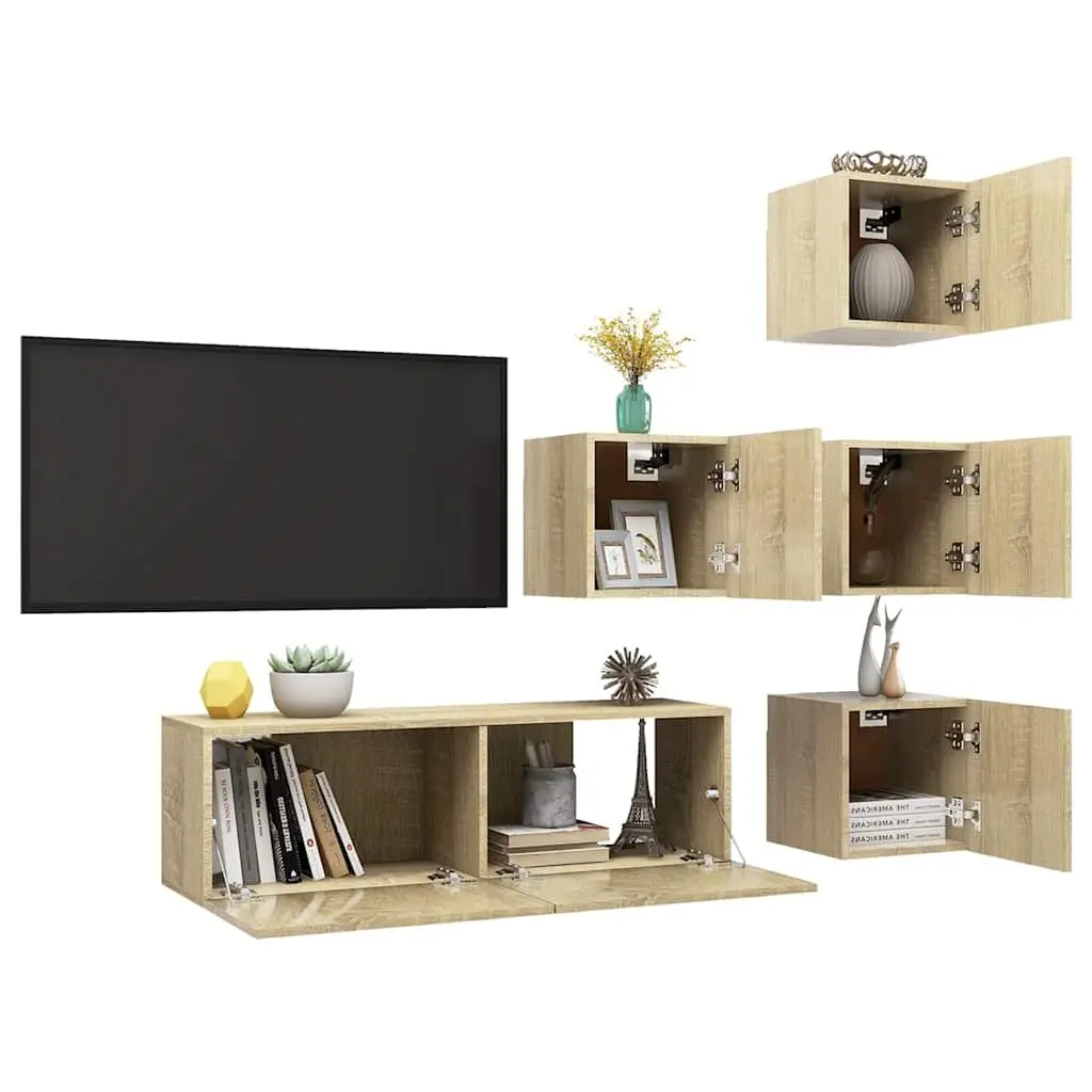 5 Piece Brown Wall Mounted TV Cabinet Set