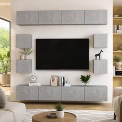 Premium 8 Piece Grey TV Cabinet Set for Wall Mounting