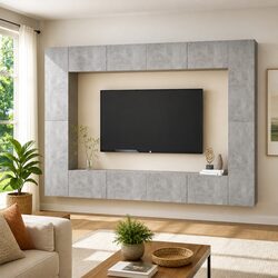 Sturdy 8 Piece Grey Wall-Mounted TV Cabinet Set