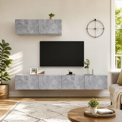 Durable 3 Piece Grey Wall-Mounted TV Cabinet Set