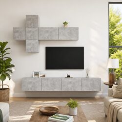 7-Piece Grey Wall-Mounted TV Cabinet Set for Modern Living