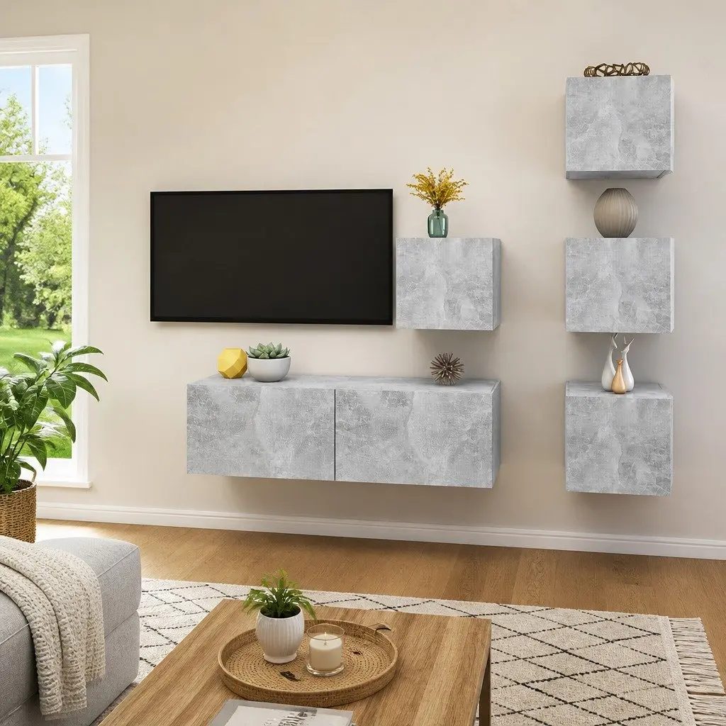 5 Piece Grey Wall Mounted TV Cabinet Set