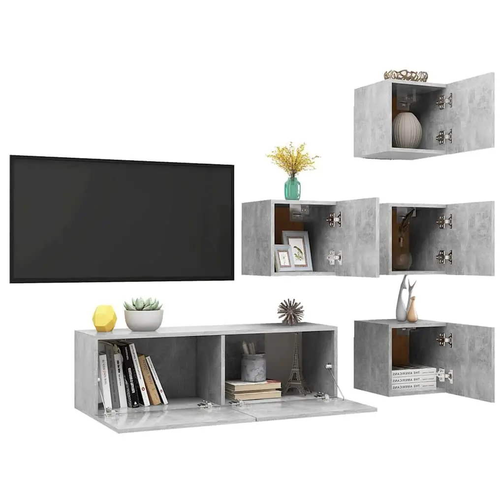 5 Piece Grey Wall Mounted TV Cabinet Set